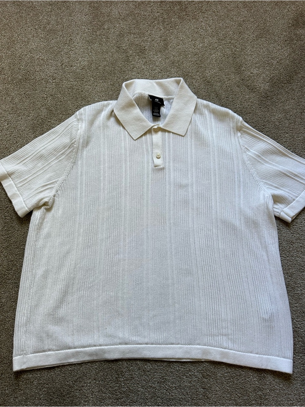 H&M Men White Regular Fit Textured Knit Jersey Short Sleeve Polo Shirt